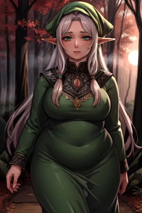 masterpiece, best quality, stunning mature elf, green eyes, <lora:symix-5-1-alpha01:0.7>, plump, green long dress,  steam, forest, leaves, mist, mysterious, <lora:add_detail:.4> , pale skin, long hair, <lora:exposure_control_v10:-.2>, (upper body) , high_aesthetic, depth of field, dusk, glowing, jewelry, brook, walking, close-up, white long sleeves, arms at sides,