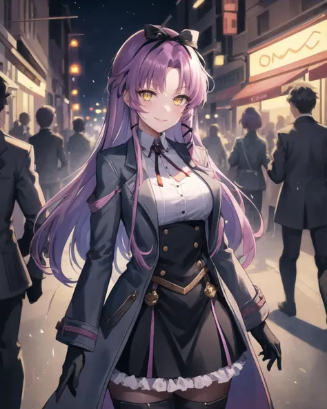 best quality, (masterpiece:1.2), illustration, absurdres,
(1girl), (solo), (beautiful detailed girl),
<lora:RenneKuro2:1>, Renne Bright, yellow_eyes, purple hair, long hair, parted_bangs, hair_ribbon,
black coat, white shirt, pantyhose, black knee boots, short black skirt, frills, black_gloves,
city street, modern city, neon lights, night, (cyberpunk:0.8),, cowboy shot,,
smug, smile, confident,