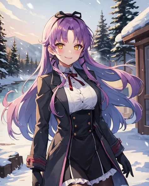 best quality, (masterpiece:1.2), illustration, absurdres,
(1girl), (solo), (beautiful detailed girl),
<lora:RenneKuro2-08:0.9>, Renne Bright, yellow_eyes, purple hair, long hair, parted_bangs, hair_ribbon,
black coat, white shirt, pantyhose, black knee boots, short black skirt, frills, black_gloves,
in snowy village, falling snow, particles, crisp winter morning, breathing out steam, snowy pine trees and frozen river,, 
smug, smile, confident,