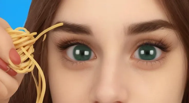 <lora:troom_troom_thumbnail-v2-10:1> troom_troom_thumbnail, woman putting spaghetti in her eye