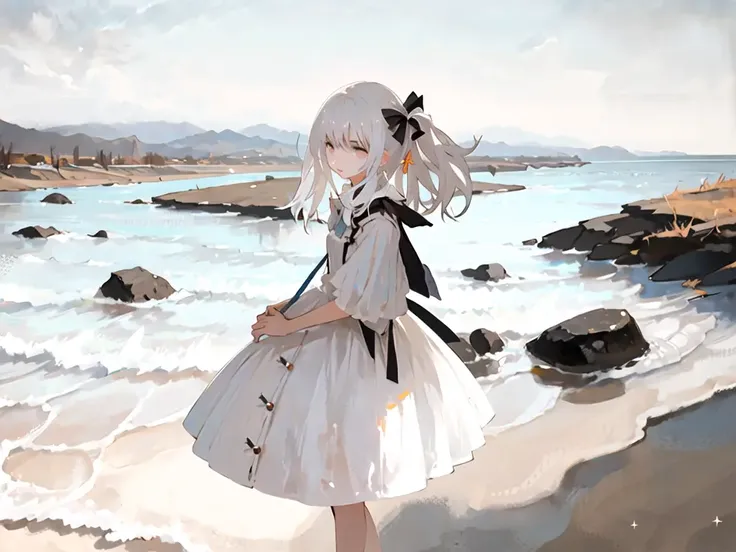 ariah2063338, 1girl, outdoors, from side, looking at viewer, white hair ,hair bow, dress, river, mountain,
