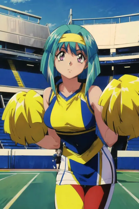 masterpiece, best quality, extremely detailed 8K wallpaper, 1girl, looking at viewer, volumetric lighting, best anatomy, detailed eyes, beautiful eyes, best shadow, ultra detailed, <lora:add_detail:0.5>,<lora:maya_FW:1>, stadium, pom pom \(cheerleading\), cheerleader,