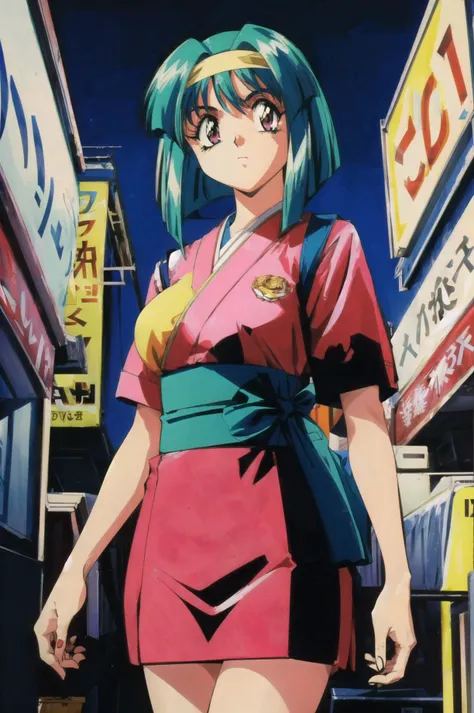 masterpiece, best quality, extremely detailed 8K wallpaper,cowboy shot,   1girl,  looking at viewer,  volumetric lighting, best anatomy, detailed eyes, beautiful eyes, best shadow, ultra detailed,  <lora:add_detail:0.5>,<lora:maya_FW:1>,  retro artstyle, 1990s (style),  festival, night,  japanese clothes,
