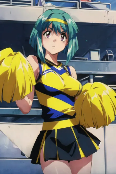 masterpiece, best quality, extremely detailed 8K wallpaper, 1girl, looking at viewer, volumetric lighting, best anatomy, detailed eyes, beautiful eyes, best shadow, ultra detailed, <lora:add_detail:0.5>,<lora:maya_FW:1>, stadium, pom pom \(cheerleading\), cheerleader,