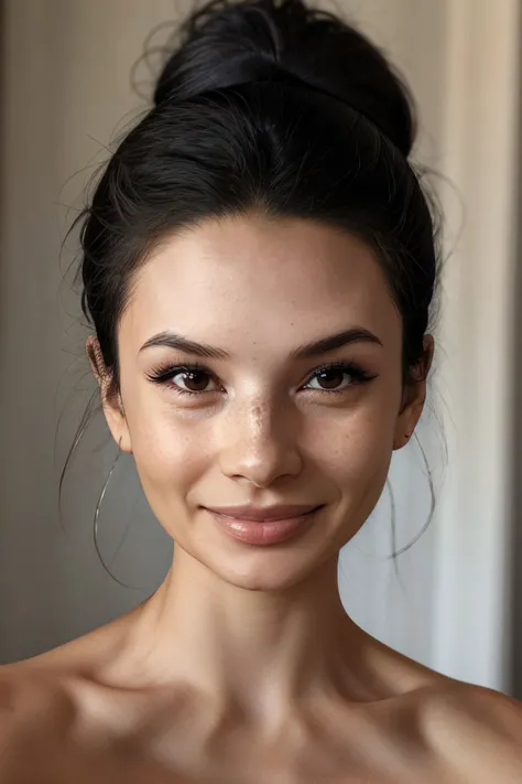 realistic photo of <lora:sd15_AliceGreczyn_locon_64_v1-000050:1> AliceGreczyn, focus on eyes, close up on face, grinning, hair styled as Straight Sleek Bun,