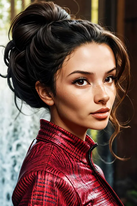 (style of Clyde Caldwell:1.15), close range of <lora:sd15_AliceGreczyn_locon_64_v1-000050:1> AliceGreczyn, focus on face, wearing a pantsuit , her hair is styled as waterfall bun,