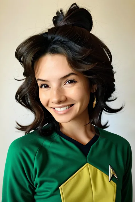 (bio art style, organic, cellular, microscopic, detailed:1.15), half-body of <lora:sd15_AliceGreczyn_locon_64_v1-000050:1> AliceGreczyn, focus on smiling face, wearing a star trek uniform , her verde color hair is styled as tousled layers,