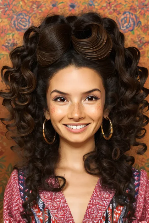 (folk art style, vibrant, patterned, cultural, highly detailed:1.15), close range of <lora:sd15_AliceGreczyn_locon_64_v1-000050:1> AliceGreczyn, focus on smiling face, wearing a <lora:edgPencilDress_MINI:0.8> edgpdress , her hair is styled as Ringlet Curls,