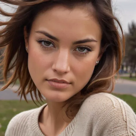 nella woman wearing a sweater, hair blowing in the wind, jeans, outside, park , portrait, beautiful bone structure, (realistic, photo-realistic:1.37), ultra high res, ultra-detailed, incredibly beautiful girl, 8k uhd, dslr, soft lighting, high quality, film grain, Fujifilm XT3 <lora:nella_sdxl_small:1>