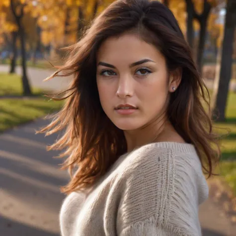 nella woman wearing a sweater, hair blowing in the wind, jeans, outside, park , portrait, beautiful bone structure, (realistic, photo-realistic:1.37), ultra high res, ultra-detailed, incredibly beautiful girl, 8k uhd, dslr, soft lighting, high quality, film grain, Fujifilm XT3 <lora:nella_sdxl_small:1>