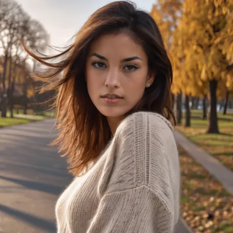 nella woman wearing a sweater, hair blowing in the wind, jeans, outside, park , portrait, beautiful bone structure, (realistic, photo-realistic:1.37), ultra high res, ultra-detailed, incredibly beautiful girl, 8k uhd, dslr, soft lighting, high quality, film grain, Fujifilm XT3 <lora:nella_sdxl_small:1>