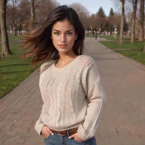 nella woman wearing a sweater, hair blowing in the wind, jeans, outside, park , portrait, beautiful bone structure, (realistic, photo-realistic:1.37), ultra high res, ultra-detailed, incredibly beautiful girl, 8k uhd, dslr, soft lighting, high quality, film grain, Fujifilm XT3 <lora:nella_sdxl_small:1>