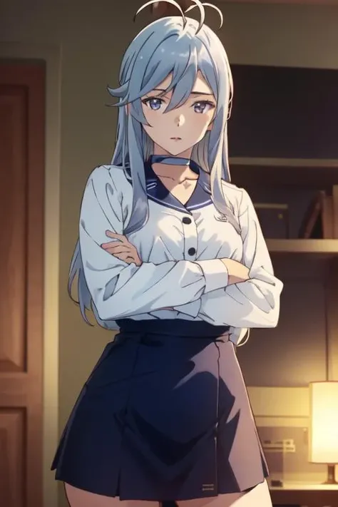 (gravure pose:1.5),
<lora:è¾å¨1V-000008:0.6>,è¾å¨,1girl,solo,long hair,very long hair,antenna hair,colored eyelashes,grey hair,
ååæ,choker,sailor collar,white shirt,long sleeves,high waist skirt,blue skirt,white skirt,cameltoe,, Exquisite visuals, high-definition,masterpiece,best quality,