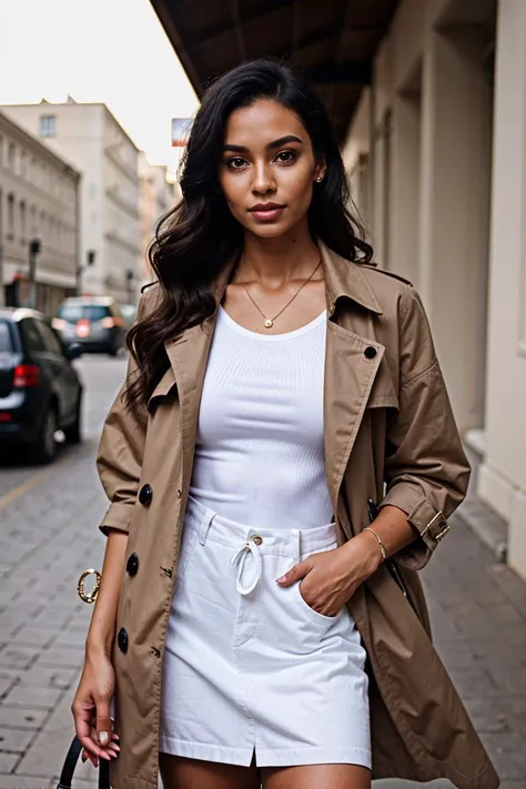 waist up, close up, 22 year old, a beautiful, Petite body,  Sami woman,  IG_MODEL, posing,  seductive eyes, detailed skin:1.1),  hairstyle Bob, looking at viewer,  BREAK  designer fashion,  Sleeveless Trench Coat, Denim skirt,  BREAK Local pop-up market for artisan goods., <lora:IGModelStyle_V1:0.8>