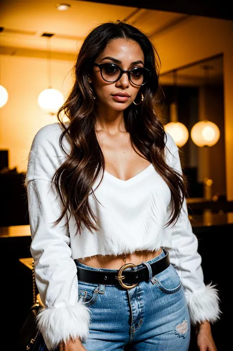 (waist up, close up, 21 year old, a beautiful, Puerto Rican woman, IG_MODEL:1.2), sexy, posing, seductive eyes, (detailed skin:1.1), thicc, looking at viewer, (Red hair:1.1), BREAK (Faux fur coat layered over a simple monochromatic outfit, accessorized with a belt bag and oversized sunglasses.:1.1), BREAK , In a chic cocktail lounge, stylish decor and an array of exotic drinks available., cinematic soft lighting, bokeh <lora:IGModelStyle_V1:0.8>