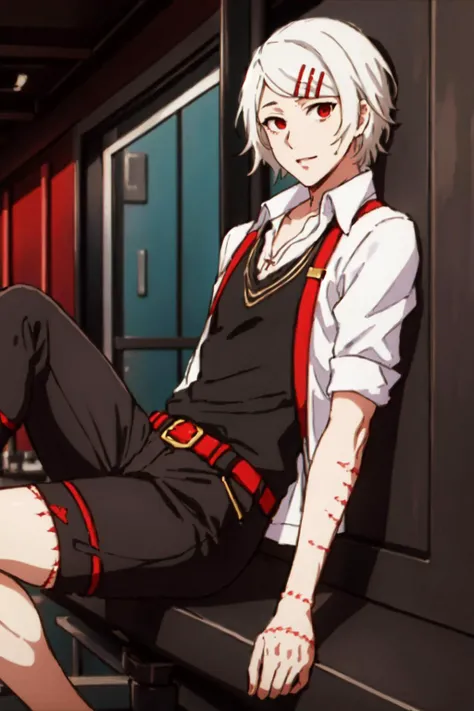 (masterpiece, best quality:1.4), 1boy. juuzou, leaning back, looking at viewer, red stitches, <lora:Juuzou:.6>