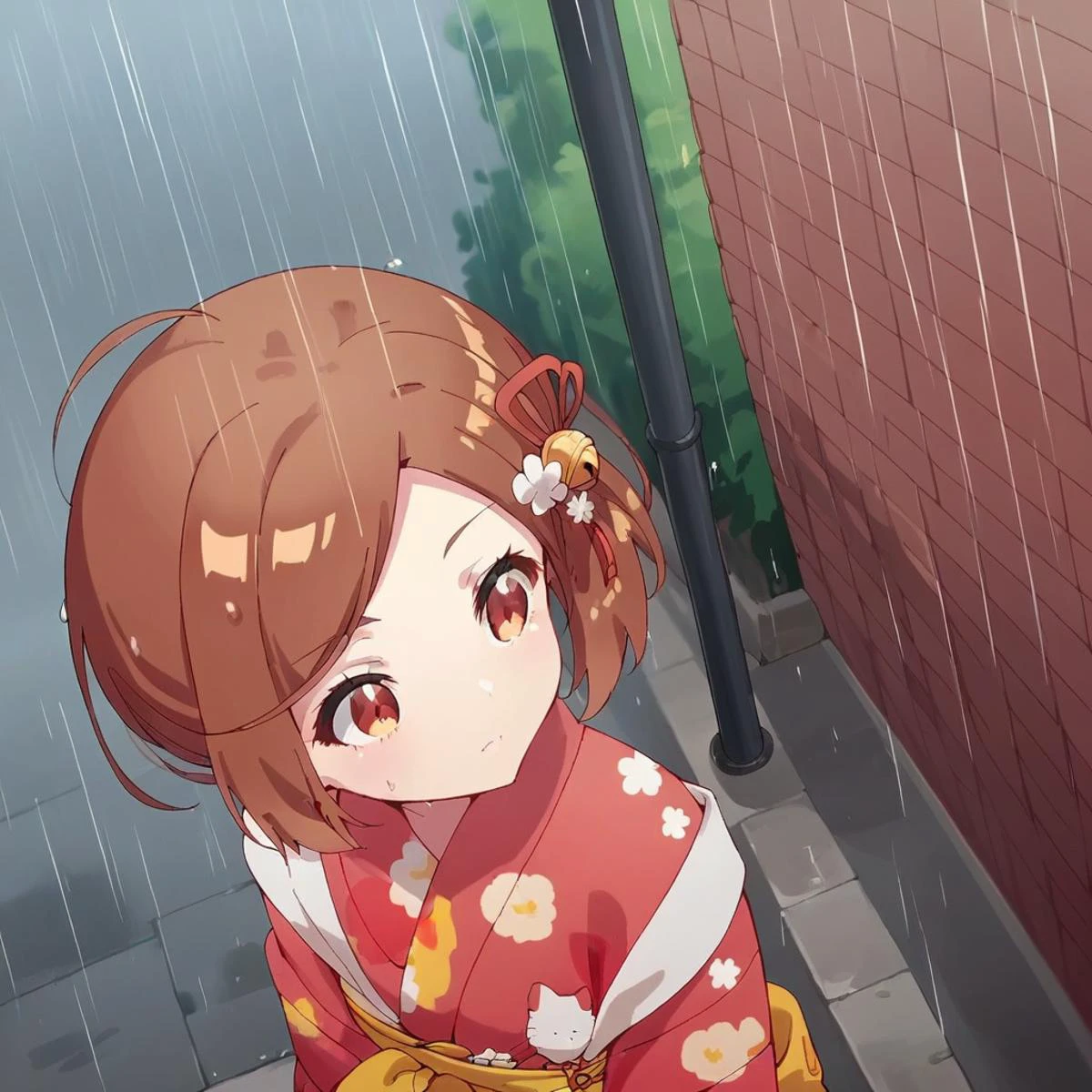 score_9, score_8_up, score_7_up, <lora:ch110:1> ch11o, 1girl,solo,kimono,dynamic angle,portrait,from above, street background,raining