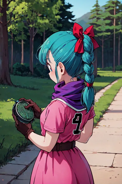 bulma \(dragonball\), 1girl, belt, solo, gloves, dress, bow, ribbon, aqua hair, hair ribbon, braid, hair bow, outdoors, from behind, scarf, tree, single braid, clothes writing, brown gloves, single glove, braided ponytail, dragon radar, looking at hand, pink dress, purple scarf, number on clothing
<lora:bulmaDragonBall:0.7>