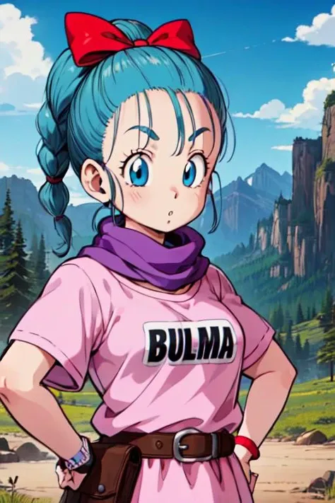 bulma \(dragonball\), 1girl, eyebrows, solo, holster looking at viewer, blue eyes, shirt, gloves, bow, ribbon, aqua hair, hair ribbon, braid, outdoors, sky, day, belt, cloud, bag, scarf, :o, character name, blue sky, hand on hip, single braid, cloudy sky, wristband, pink dress, clothes writing, brown gloves, single glove, pink shirt, hands on hips, watch, braided ponytail, mountain, wristwatch, purple scarf, fanny pack, short sleeves, upper body, eyelashes
<lora:bulmaDragonBall:0.7>