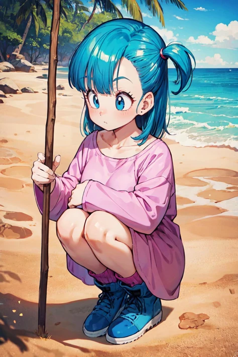 bulma \(dragonball\), 1girl, knees to chest, solo, drawing, holding stick, pajamas, collarbone, blue eyes, looking down, boots, blue footwear, dress, aqua hair, full body, outdoors, sky, day, socks, tree, one side up, squatting, pink dress, oversized clothes, purple_legwear, eyebrows, eyelashes,
sand, beach, from above,
<lora:bulmaDragonBall:0.7>