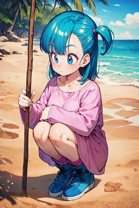 bulma \(dragonball\), 1girl, knees to chest, solo, drawing, holding stick, pajamas, collarbone, blue eyes, looking down, boots, blue footwear, dress, aqua hair, full body, outdoors, sky, day, socks, tree, one side up, squatting, pink dress, oversized clothes, purple_legwear, eyebrows, eyelashes,
 sand, beach, from above, 
 <lora:bulmaDragonBall:0.7>