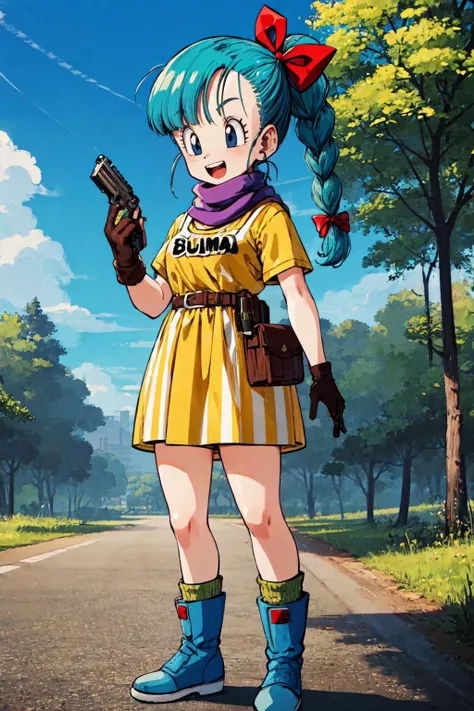 bulma \(dragonball\), 1girl, solo, open mouth, smile, green_legwear, forest, clothes writing, character name, brown gloves, looking at viewer, green scarf, fanny pack, striped dress, yellow dress, gloves, ribbon, aqua hair, hair ribbon, weapon, braid, boots, outdoors, sky, day, cloud, bag, scarf, black eyes, tree, gun, single braid, facing viewer, handgun, single glove, watch, braided ponytail, wristwatch, holster, holstered weapon, dragon radar, blue footwear, blue sky, teeth, socks,
<lora:bulmaDragonBall:0.7>