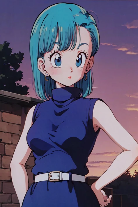 bulma \(dragonball\), aged_up, brick wall, turtleneck, dusk, cloud, 1girl, solo, medium hair, blue eyes, jewelry, earrings, outdoors, sleeveless, tree, aqua hair, makeup, lipstick, retro artstyle, 1990s \(style\), blue dress, expressionless, hand on hip, arm at side, looking to the side, medium breasts, upper body, fringe_trim, standing, eyebrows, eyelashes white belt, 
<lora:bulmaDragonBall:0.7>