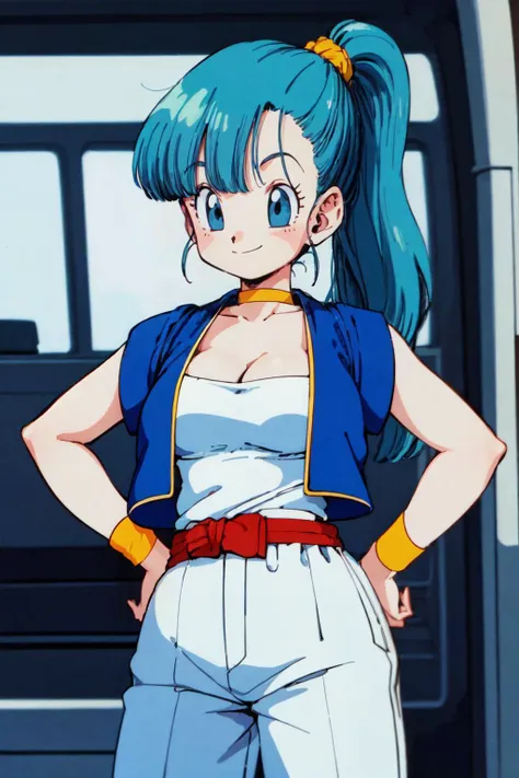 bulma \(dragonball\), 1girl, solo, breasts, smile, bangs, blue eyes, cleavage, aqua hair, standing, ponytail, cowboy shot, choker, vest, hand on hip, wristband, retro artstyle, blue vest, 1990s \(style\), baggy pants, arabian clothes, collarbone, fringe_trim, ground vehicle, scrunchie, looking ahead, hands on hips, red belt, white pants, white topwear, vest over shirt, yellow choker, yellow wristband, tube top, raised eyebrows,
 <lora:bulmaDragonBall:0.7>