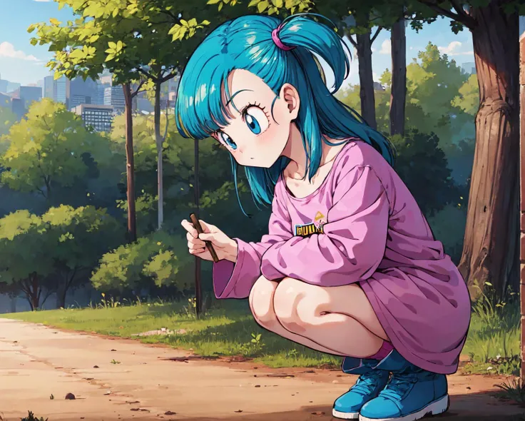 bulma \(dragonball\), 1girl, knees to chest, solo, drawing, holding stick, pajamas, collarbone, blue eyes, looking down, boots, blue footwear, dress, aqua hair, full body, outdoors, sky, day, socks, tree, one side up, squatting, pink dress, oversized clothes, purple_legwear, eyebrows, eyelashes, logo print
 <lora:bulmaDragonBall:0.7>