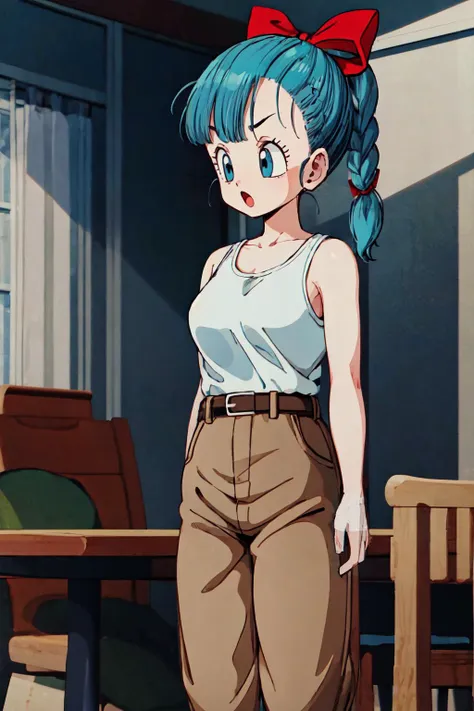 bulma \(dragonball\), 1girl, solo, long hair, open mouth, blue eyes, ribbon, aqua hair, hair ribbon, braid, boots, belt, pants, single braid, tank top, braided ponytail, white topwear, brown pants, brown footwear, jacket removed, table, chair, tongue, raised eyebrows, looking at another, medium breasts, collarbone, eyebrows, eyelashes, arms by side
<lora:bulmaDragonBall:0.9>