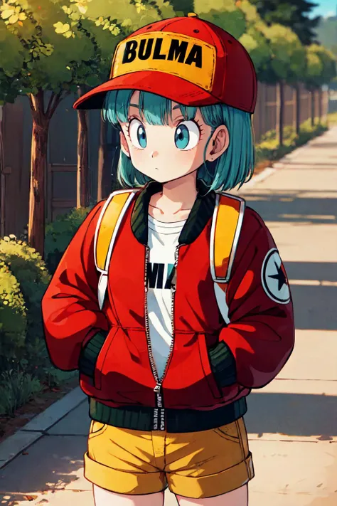 bulma \(dragonball\), 1girl, solo, short hair, blue eyes, gloves, hat, hat writing, character name, looking away, dragon radar, holding, jacket, outdoors, shorts, tree, aqua hair, baseball cap, hand in pocket, yellow shorts, orange gloves, backpack, cowboy shot, house, bush, fringe_trim, red jacket, shirt, white shirt, collarbone, zipper,
<lora:bulmaDragonBall:0.7>