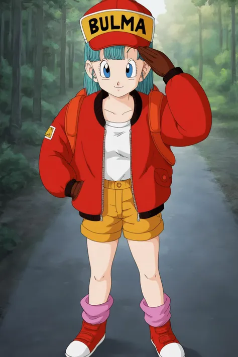 source_anime, score_9, score_8_up, score_7_up, anime screencap,
bulma \(dragonball\), 1girl, solo, looking at viewer, smile, bangs, blue eyes, nature, gloves, touching head, forest, closed mouth, aqua hair, standing, collarbone, looking up at viewer, jacket, full body, boots, shorts, character name, eyelashes, red footwear, straight hair, clothes writing, red jacket, brown gloves, zipper, arm at side, hand in pocket, salute, brown shorts, backpack, arm up, baseball cap, from above, loose socks, orange_legwear, fringe_trim, hat writing, raised eyebrows, small_breasts, shirt, white shirt, eyebrows
<lora:bulma_pony_v1:0.8>