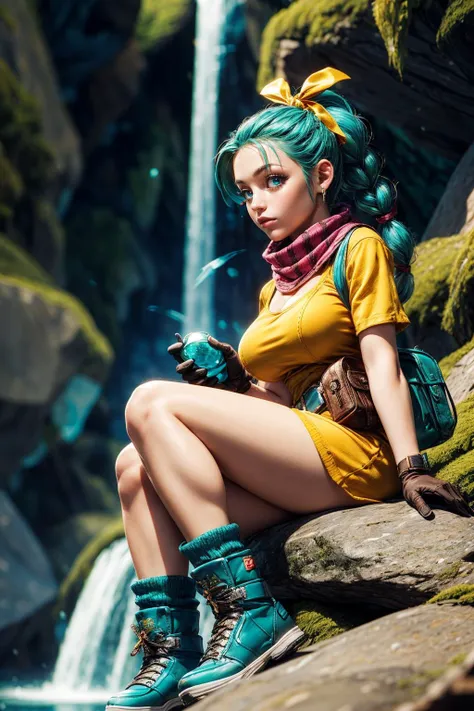 (ultra realistic,32k, masterpiece:1.2),(high detailed skin:1.1),( high quality:1.1),turquoise hair, 
<lora:bulmaDragonBall:0.5>(embarrassed:1.1),(eyeliner,long lashes, mascara:1.1),turquoise eyes,green_legwear, clothes writing, number on clothing or character name, brown gloves, green scarf, fanny pack, striped dress, yellow dress, gloves, ribbon, hair ribbon, weapon, braid, boots, bag, scarf, gun, single braid, handgun, single glove, watch, braided ponytail, wristwatch, holster, holstered weapon, dragon radar, blue footwear, socks,crystal cascades, sparkling waterfalls, gemstone caverns, magical allure (blurry background:1.1),,(looking at viewer, sitting, from below:1.1),, (huge breast,large breast:1.1),<lora:add_detail:0.88>,full body, 
(tenebrism:1.1),