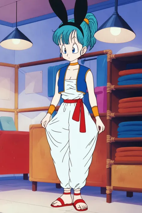 source_anime, score_9, score_8_up, score_7_up, anime screencap, 
bulma \(dragonball\), 1girl, inside, solo, breasts, blue eyes, animal ears, cleavage, aqua hair, standing, full body, ponytail, choker, indoors chair, sandals, lamp, yellow wristband, yellow choker, white pants, white topwear, tube top, toenails, scrunchie, looking at feet, clothes grab, small_breasts, red footwear, red belt, raised eyebrows, vest over shirt, eyelashes, eyebrows, blue vest, baggy pants, arm at side, collarbone, expressionless
 <lora:bulma_pony_v1:0.8>