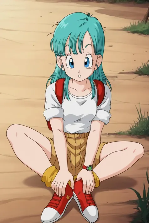 source_anime, score_9, score_8_up, score_7_up, anime screencap,
bulma \(dragonball\), 1girl, solo, long hair, looking at viewer, bangs, blue eyes, desert, shirt, dappled sunlight, sitting, full body, short sleeves, aqua hair, shoe soles, shorts, socks, hands on ankles, sleeves_rolled_up, feet together, knees apart feet together, :o, backpack, sneakers, sleeves rolled up, watch, wristwatch, brown shorts, collarbone, arms by side, fingernails, medium breasts, pink_legwear, red footwear, white shirt, teeth, raised eyebrows, eyebrows, eyelashes, messy hair
<lora:bulma_pony_v1:0.8>