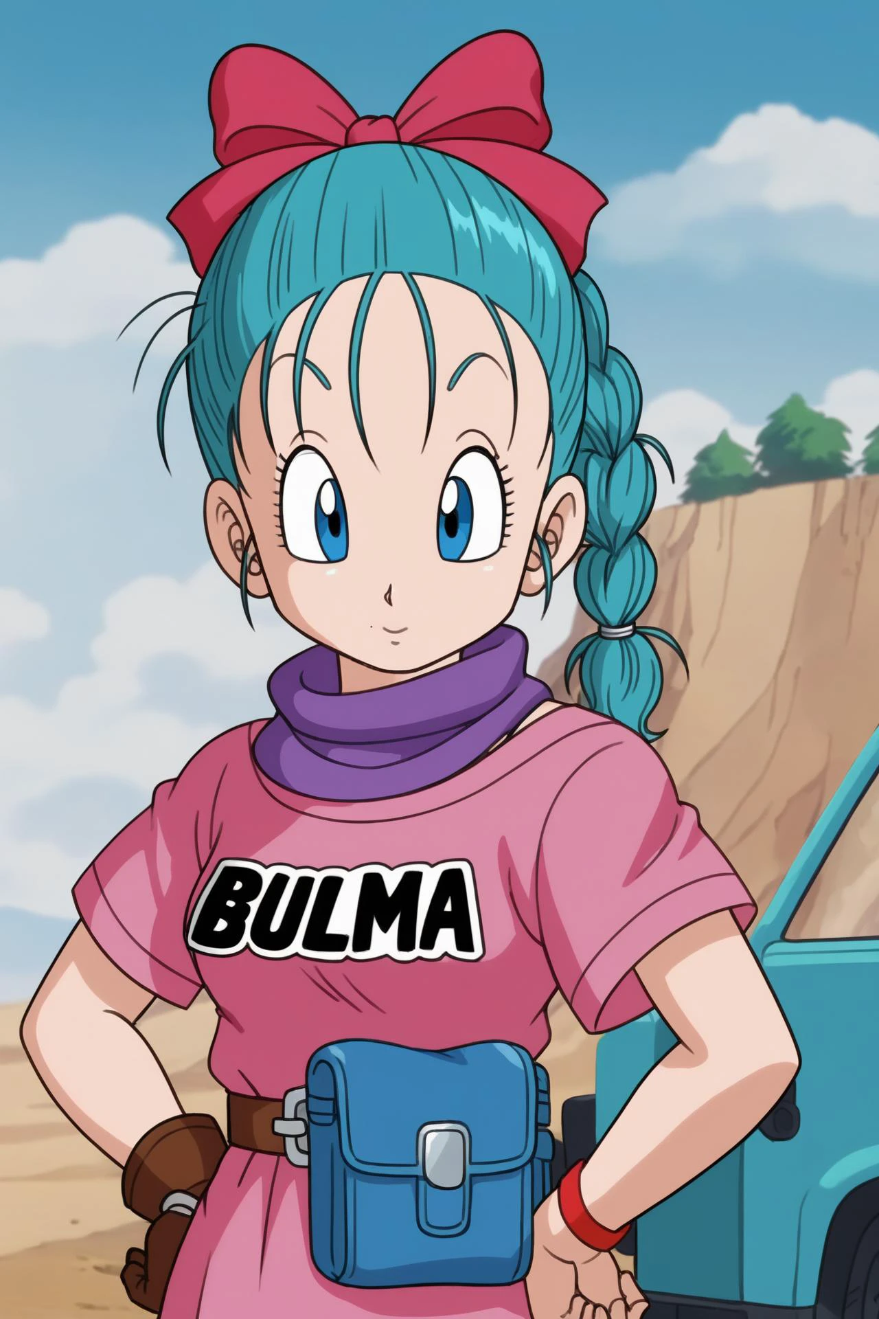 source_anime, score_9, score_8_up, score_7_up, anime screencap,
bulma \(dragonball\), 1girl, eyebrows, solo, holster looking at viewer, blue eyes, shirt, gloves, bow, ribbon, aqua hair, hair ribbon, braid, outdoors, sky, day, belt, cloud, bag, scarf, :o, character name, blue sky, hand on hip, single braid, cloudy sky, wristband, pink dress, clothes writing, brown gloves, single glove, pink shirt, hands on hips, watch, braided ponytail, mountain, wristwatch, purple scarf, fanny pack, short sleeves, upper body, eyelashes,fingernails,
<lora:bulma_pony_v1:0.8>