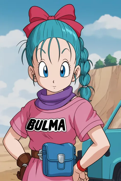 source_anime, score_9, score_8_up, score_7_up, anime screencap, 
bulma \(dragonball\), 1girl, eyebrows, solo, holster looking at viewer, blue eyes, shirt, gloves, bow, ribbon, aqua hair, hair ribbon, braid, outdoors, sky, day, belt, cloud, bag, scarf, :o, character name, blue sky, hand on hip, single braid, cloudy sky, wristband, pink dress, clothes writing, brown gloves, single glove, pink shirt, hands on hips, watch, braided ponytail, mountain, wristwatch, purple scarf, fanny pack, short sleeves, upper body, eyelashes,fingernails, 
 <lora:bulma_pony_v1:0.8>