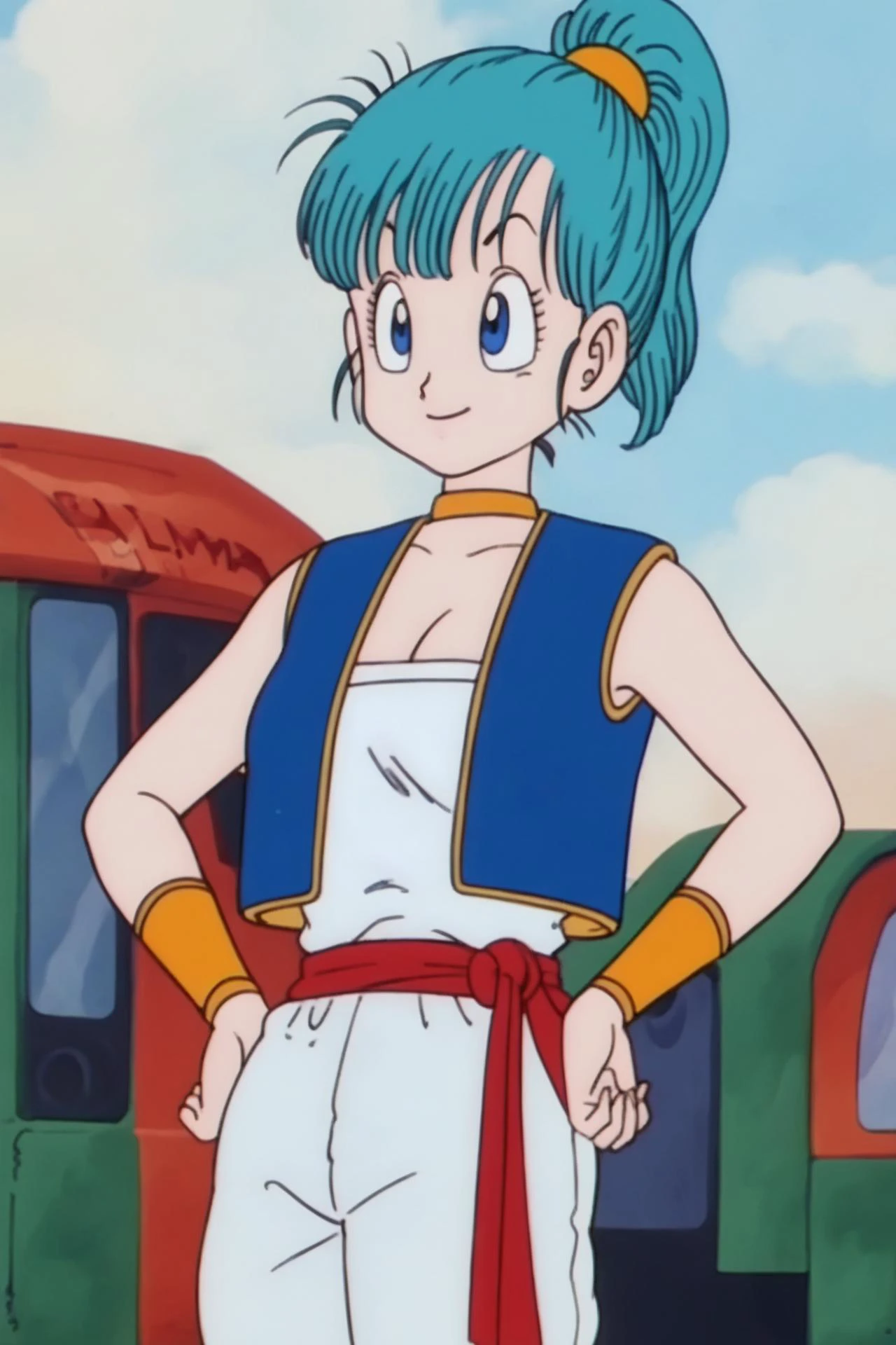 source_anime, score_9, score_8_up, score_7_up, anime screencap,
bulma \(dragonball\), 1girl, solo, breasts, smile, bangs, blue eyes, cleavage, aqua hair, standing, ponytail, cowboy shot, choker, vest, hand on hip, wristband, retro artstyle, blue vest, 1990s \(style\), baggy pants, arabian clothes, collarbone, fringe_trim, ground vehicle, scrunchie, looking ahead, hands on hips, red belt, white pants, white topwear, vest over shirt, yellow choker, yellow wristband, tube top, raised eyebrows,
<lora:bulma_pony_v1:0.8>