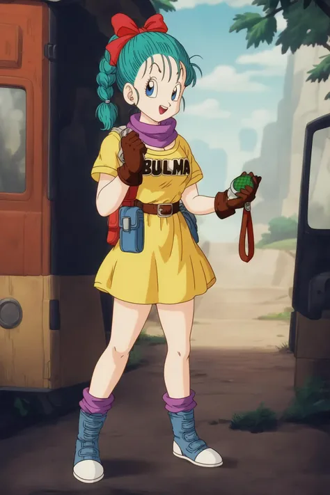 source_anime, score_9, score_8_up, score_7_up, anime screencap,
bulma \(dragonball\), 1girl, solo, open mouth, smile, green_legwear, forest, clothes writing, character name, brown gloves, looking at viewer, green scarf, fanny pack, striped dress, yellow dress, gloves, ribbon, aqua hair, hair ribbon, weapon, braid, boots, outdoors, sky, day, cloud, bag, scarf, black eyes, tree, gun, single braid, facing viewer, handgun, single glove, watch, braided ponytail, wristwatch, holster, holstered weapon, dragon radar, blue footwear, blue sky, teeth, socks,
<lora:bulma_pony_v1:0.8>