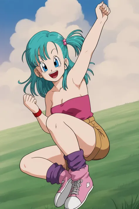 source_anime, score_9, score_8_up, score_7_up, anime screencap,
bulma \(dragonball\), 1girl, solo, breasts, looking at viewer, smile, open mouth, blue eyes, wristwatch, field, outstretched hand, leg up, pink tube top, hair ornament, cleavage, bare shoulders, sitting, full body, outdoors, sky, shoes, shorts, outstretched arm, day, socks, cloud, blue sky, strapless, aqua hair, one side up, cloudy sky, grass, hair bobbles, wristband, sneakers, pink footwear, brown shorts, purple socks, arm up, collarbone, eyebrows, eyelashes, jumping, fingernails, medium hair, looking to the side, clenched hand, raised eyebrows, midair, tongue, teeth
<lora:bulma_pony_v1:0.8>
