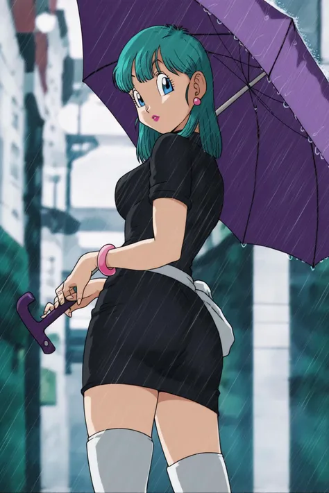 source_anime, score_9, score_8_up, score_7_up, anime screencap,
bulma \(dragonball\), aged_up, 1girl, solo, looking at viewer, blue eyes, dress, holding, blurred background, ass, earrings, boots, looking back, black dress, bracelet, aqua hair, umbrella, short dress, rain, holding umbrella, blue dress, belt, fingernails, fringe trim, lipstick, eyebrows, eyelashes, from below, pink bracelet, raised eyebrows, white footwear, yellow_legwear, socks, shoulder length hair
<lora:bulma_pony_v1:0.8>