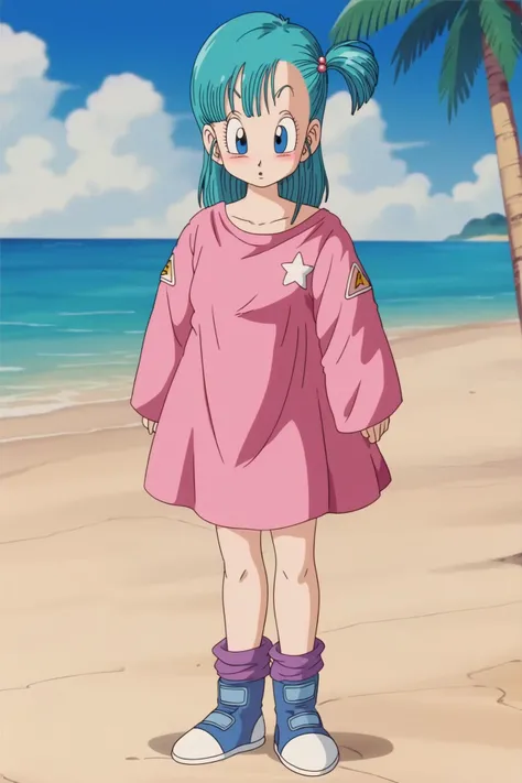 source_anime, score_9, score_8_up, score_7_up, anime screencap,
bulma \(dragonball\), 1girl, standing, solo, drawing, embarrassed, pajamas, collarbone, blue eyes, boots, blue footwear, dress, aqua hair, full body, outdoors, sky, day, socks, tree, one side up, tree, pink dress, oversized clothes, purple_legwear, eyebrows, eyelashes, logo print,
((from above)), looking at viewer, blush, retro artstyle, 1990s \(style\), beach,
<lora:bulma_pony_v1:0.8>