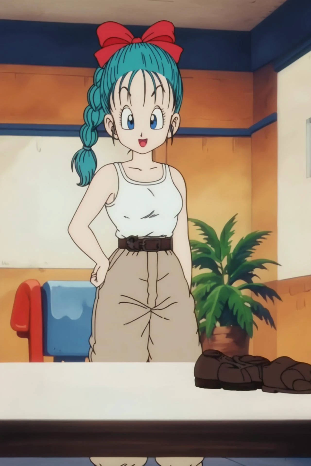 source_anime, score_9, score_8_up, score_7_up, anime screencap,
bulma \(dragonball\), 1girl, solo, long hair, open mouth, blue eyes, ribbon, aqua hair, hair ribbon, braid, boots, belt, pants, single braid, tank top, braided ponytail, white topwear, brown pants, brown footwear, jacket removed, table, chair, tongue, raised eyebrows, looking at another, medium breasts, collarbone, eyebrows, eyelashes, arms by side
<lora:bulma_pony_v1:0.8>