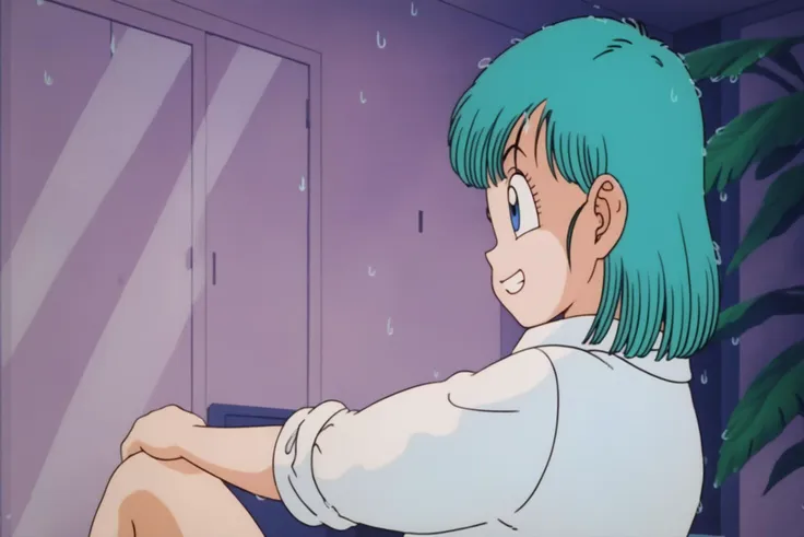 source_anime, score_9, score_8_up, score_7_up, anime screencap, 
bulma \(dragonball\), hands on shin, looking_outside, 1girl, solo, smile, short hair, bangs, blue eyes, shirt, sitting, white shirt, parted lips, indoors, window, aqua hair, curtains, sleeves rolled up, rain, retro artstyle, 1990s \(style\), bottomless, from side, raised eyebrows, teeth, fringe_trim,
 <lora:bulma_pony_v1:0.8>