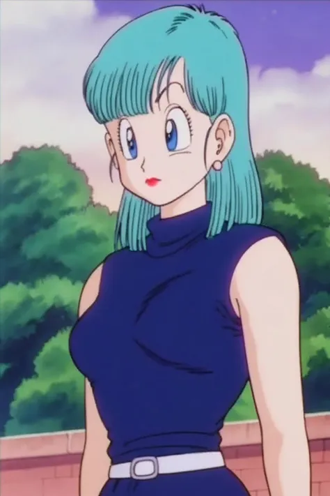 source_anime, score_9, score_8_up, score_7_up, anime screencap, 
bulma \(dragonball\), aged_up, brick wall, turtleneck, dusk, cloud, 1girl, solo, medium hair, blue eyes, jewelry, earrings, outdoors, sleeveless, tree, aqua hair, makeup, lipstick, retro artstyle, 1990s \(style\), blue dress, expressionless, hand on hip, arm at side, looking to the side, medium breasts, upper body, fringe_trim, standing, eyebrows, eyelashes white belt,
 <lora:bulma_pony_v1:0.8>