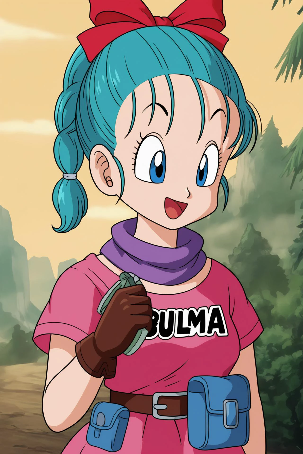 source_anime, score_9, score_8_up, score_7_up, anime screencap,
bulma \(dragonball\), 1girl, solo, smile, open mouth, blue eyes, gloves, ribbon, aqua hair, braided ponytail, hair ribbon, braid, :d, outdoors, sky, day, belt, character name, tree, single braid, bird, clothes writing, brown gloves, pouch, mountain, purple scarf, fanny pack, 1990s \(style\), arm at side, dragon radar, pink dress, forest, holding, looking at another, looking to the side, motor vehicle, pink dress, short sleeves, single glove, standing, upper body, tongue, raised eyebrows, eyebrows, eyelashes
<lora:bulma_pony_v1:0.8>