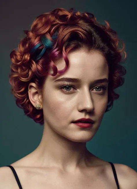 portrait of sks woman by Flora Borsi, style by Flora Borsi, bold, bright colours, rainbow Mohawk haircut, ((Flora Borsi)), <lora:locon_juliagarner_v1_from_v1_64_32:1>