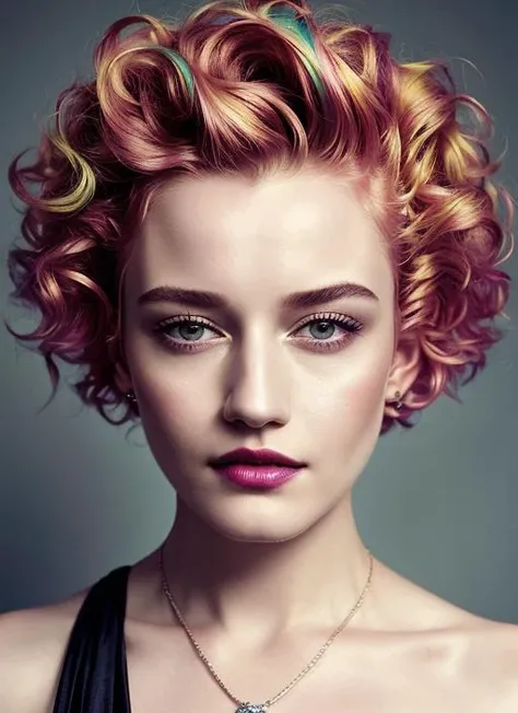 portrait of sks woman by Flora Borsi, style by Flora Borsi, bold, bright colours, rainbow Mohawk haircut, ((Flora Borsi)), <lora:locon_juliagarner_v1_from_v1_64_32:1>