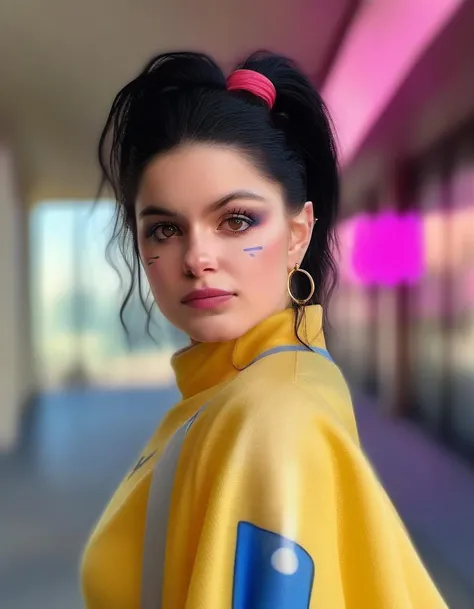 <lora:arlwntr-000020:1.3>,portrait photo of a arlwntr ,cosplaying as Jubilee from The X-men, city background, dramatic light, best quality, skin texture, skin detailed, serious look on her face, facing the camera, face front