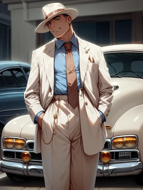 score_9, score_8_up, score_7_up, score_6_up,  <lora:z00tXLP:0.7> 1boy, hat, necktie, z00t, zoot suit, car